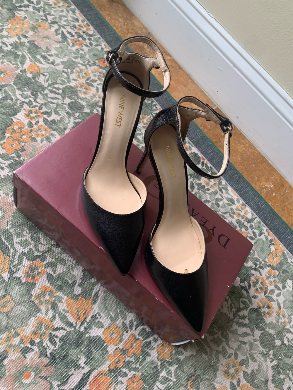 Nine West Black Pointed Toe Ankle Strap Heels - Picture 2 of 8
